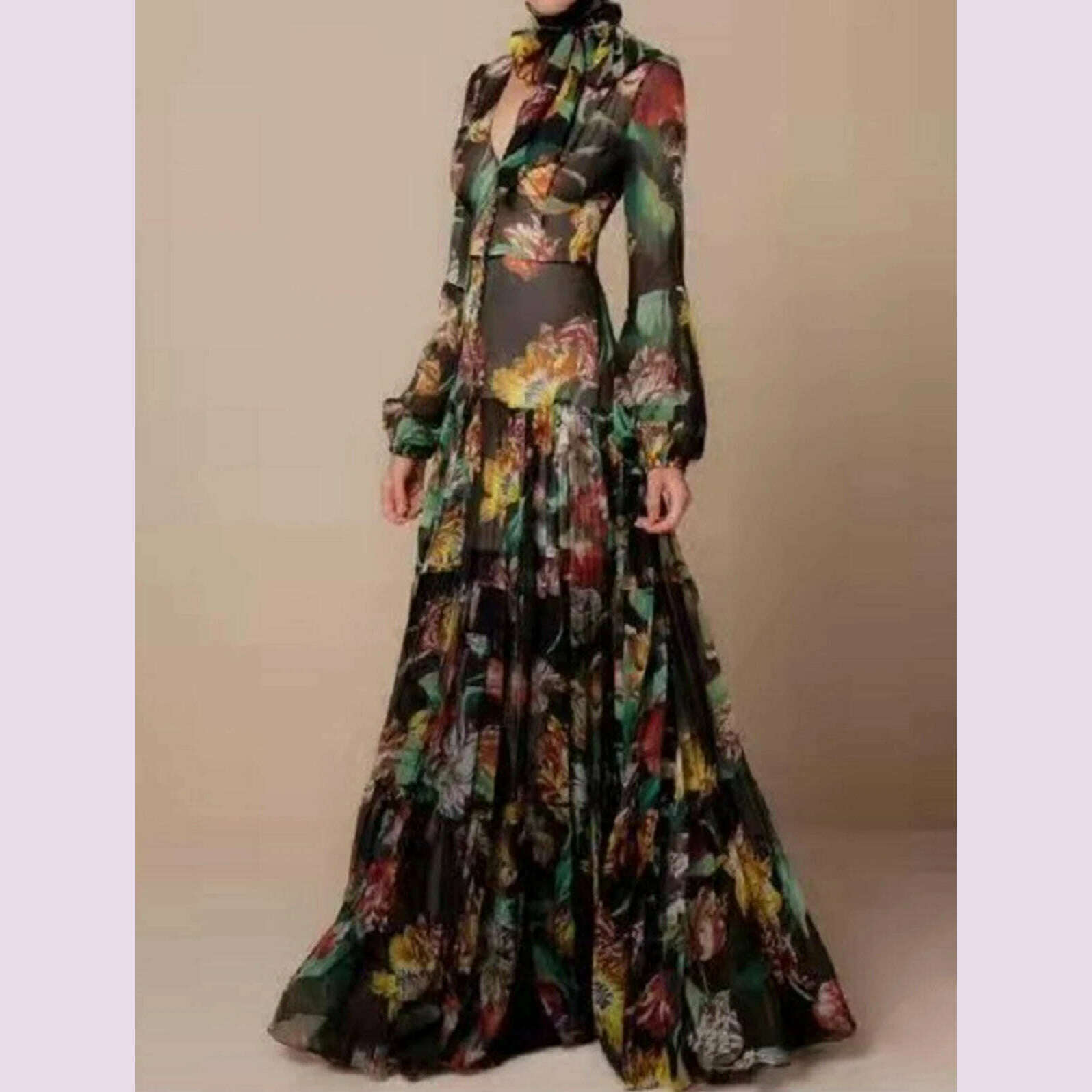 KIMLUD, Vestidos Ladies Elegant Floral Print Lantern Long Sleeve Casual Chiffon Dress V-Neck Large Swing Dress New Spring Autumn Dresses, KIMLUD Womens Clothes