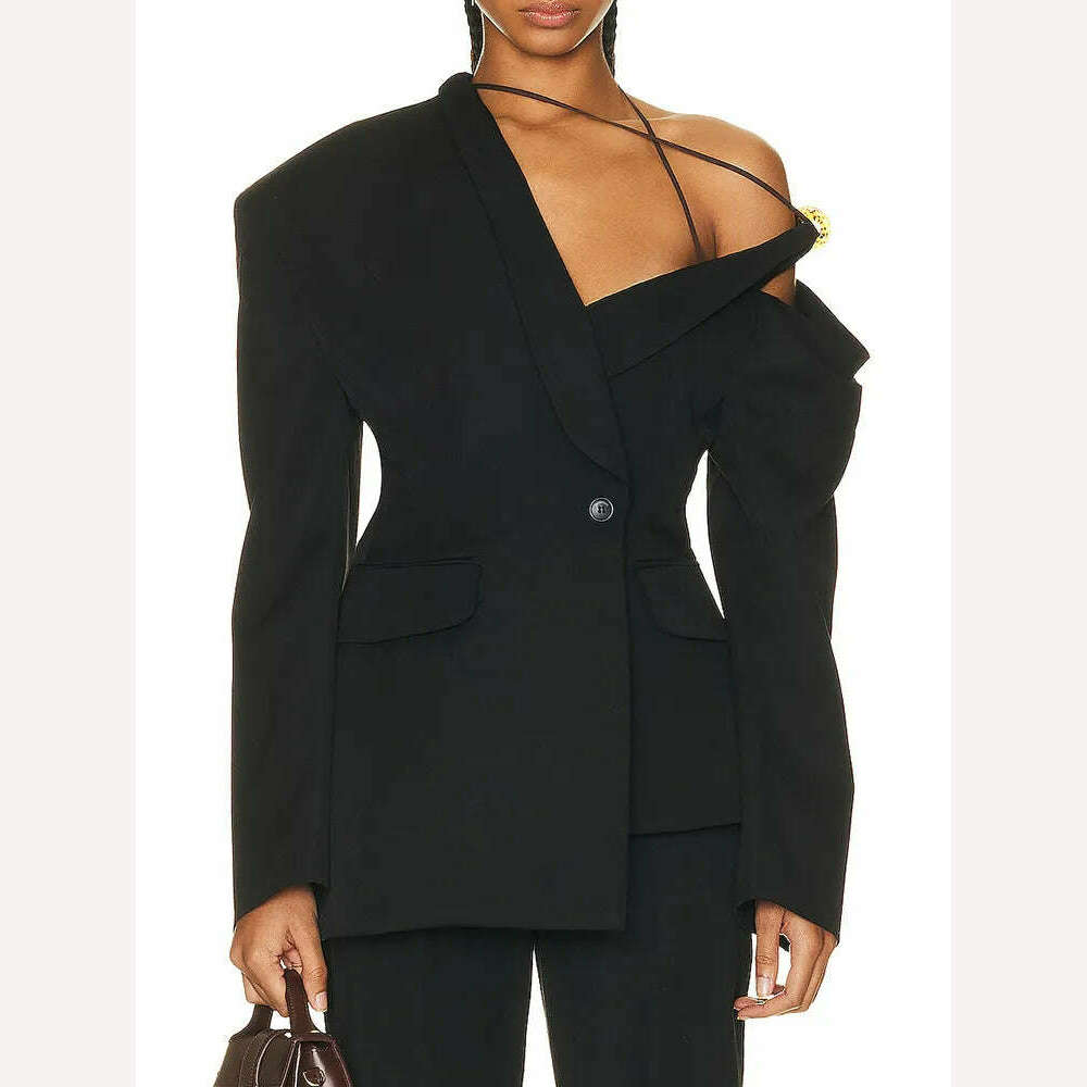KIMLUD, VGH Asymmetrical Chic Blazers For Women Diagonal Collar Long Sleeve Off Shoulder Spliced Button Straight Blazer Female Fashion, KIMLUD Womens Clothes