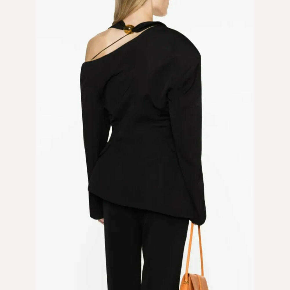 KIMLUD, VGH Asymmetrical Chic Blazers For Women Diagonal Collar Long Sleeve Off Shoulder Spliced Button Straight Blazer Female Fashion, KIMLUD Womens Clothes
