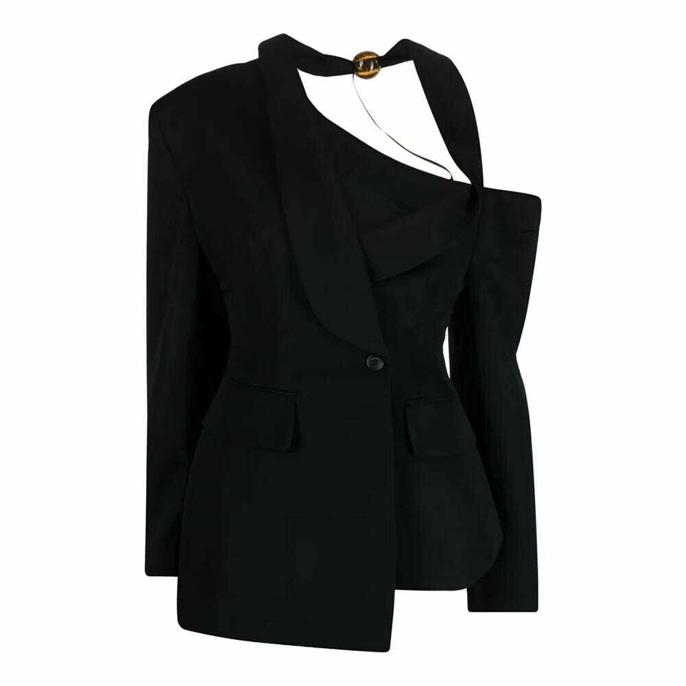 VGH Asymmetrical Chic Blazers For Women Diagonal Collar Long Sleeve Off Shoulder Spliced Button Straight Blazer Female Fashion, Black / S, KIMLUD Women's Clothes