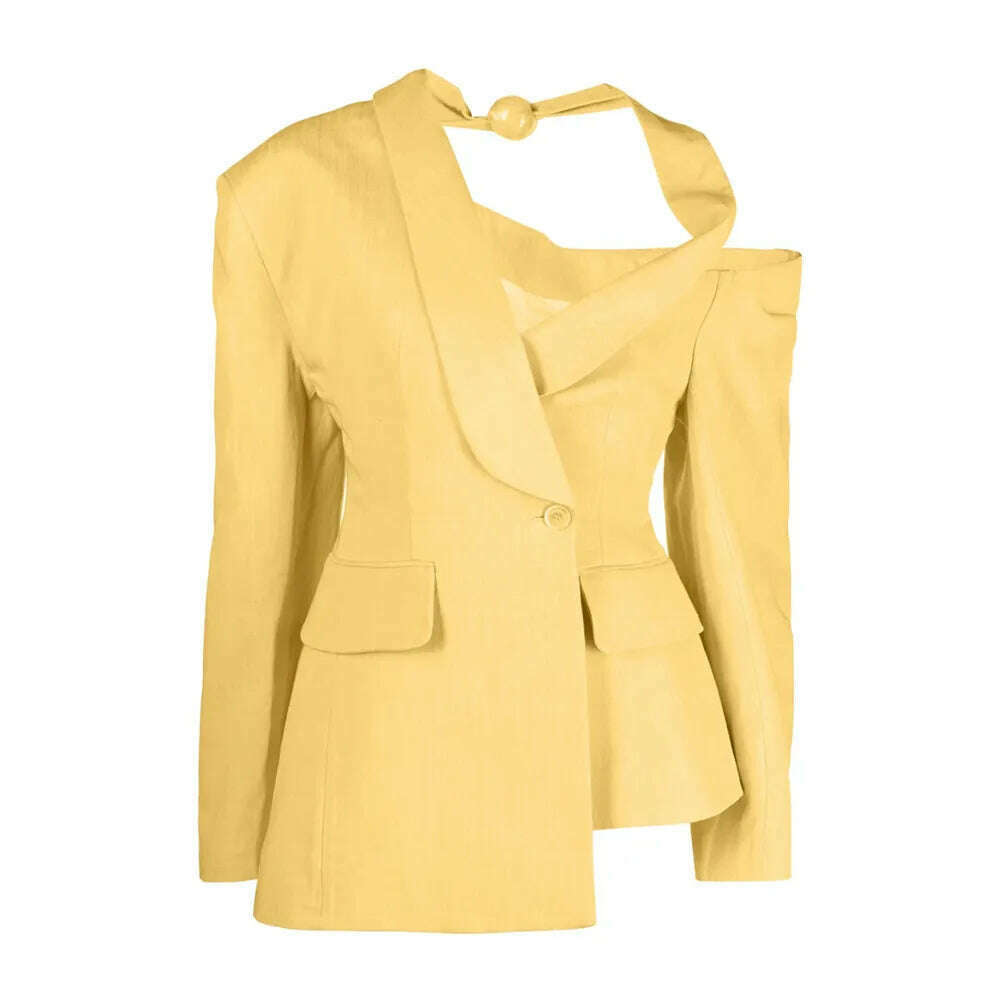 KIMLUD, VGH Asymmetrical Chic Blazers For Women Diagonal Collar Long Sleeve Off Shoulder Spliced Button Straight Blazer Female Fashion, KIMLUD Womens Clothes