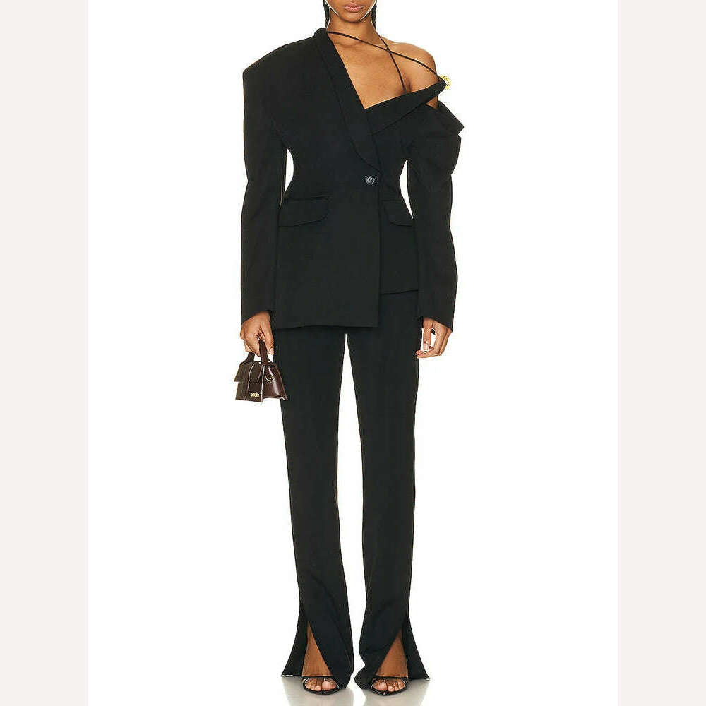 VGH Asymmetrical Chic Blazers For Women Diagonal Collar Long Sleeve Off Shoulder Spliced Button Straight Blazer Female Fashion, KIMLUD Women's Clothes