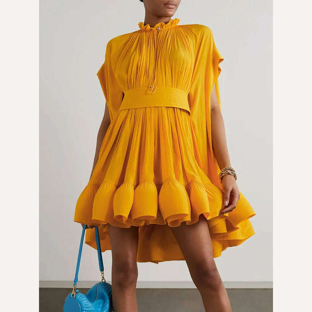 KIMLUD, VGH Asymmetrical Solid Mini Dresses For Women Round Neck Short Sleeve High Waist Spliced Plieasted A Line Dress Female Summer, Yellow / S, KIMLUD Womens Clothes
