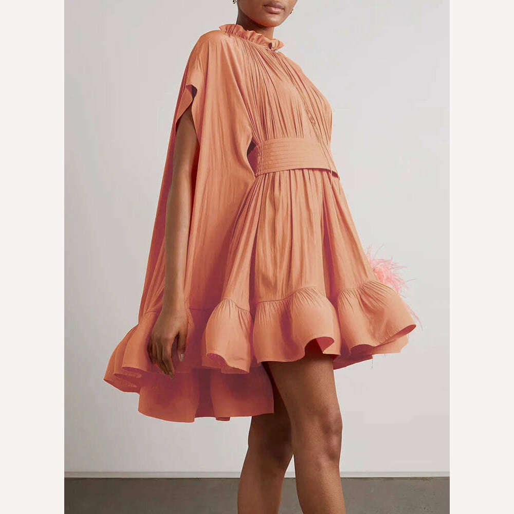 KIMLUD, VGH Asymmetrical Solid Mini Dresses For Women Round Neck Short Sleeve High Waist Spliced Plieasted A Line Dress Female Summer, Orange / S, KIMLUD Womens Clothes