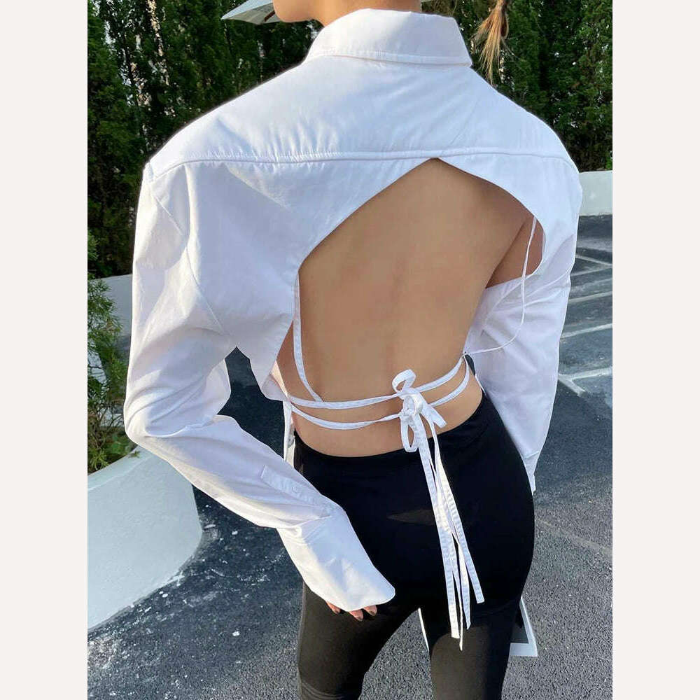 VGH Backless Sexy White Shirt For Women Lapel Long Sleeve Solid Bandage High Street Solid Minimalist Blouses Female 2022 Clothes - KIMLUD