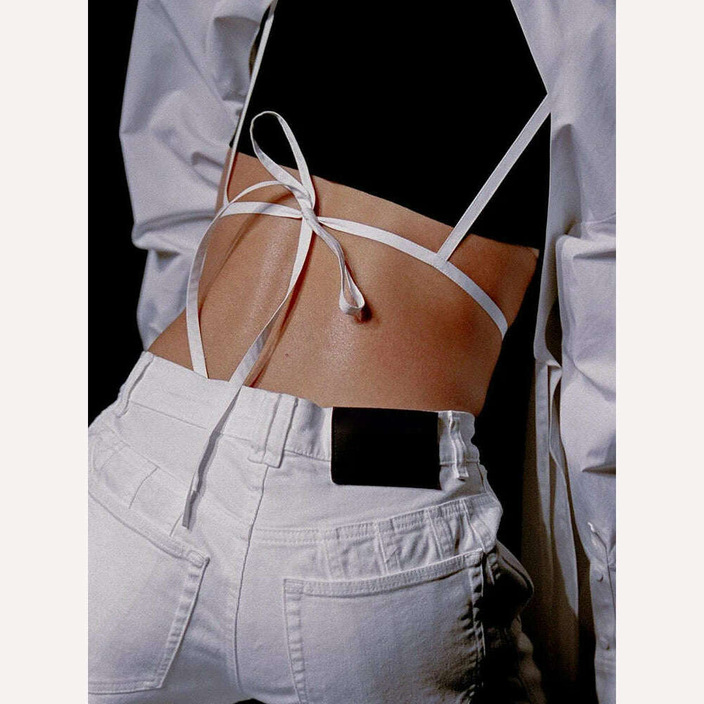 VGH Backless Sexy White Shirt For Women Lapel Long Sleeve Solid Bandage High Street Solid Minimalist Blouses Female 2022 Clothes - KIMLUD