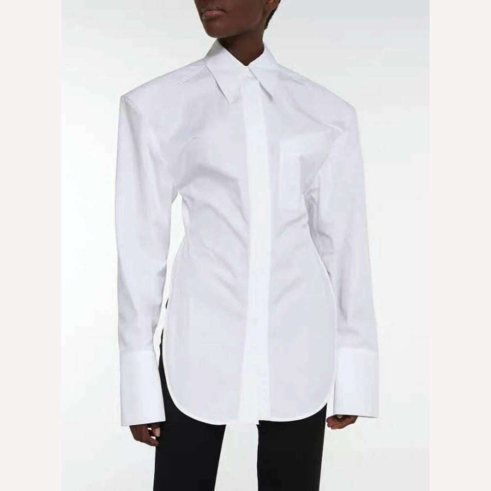 KIMLUD, VGH Backless Sexy White Shirt For Women Lapel Long Sleeve Solid Bandage High Street Solid Minimalist Blouses Female 2022 Clothes, KIMLUD Women's Clothes