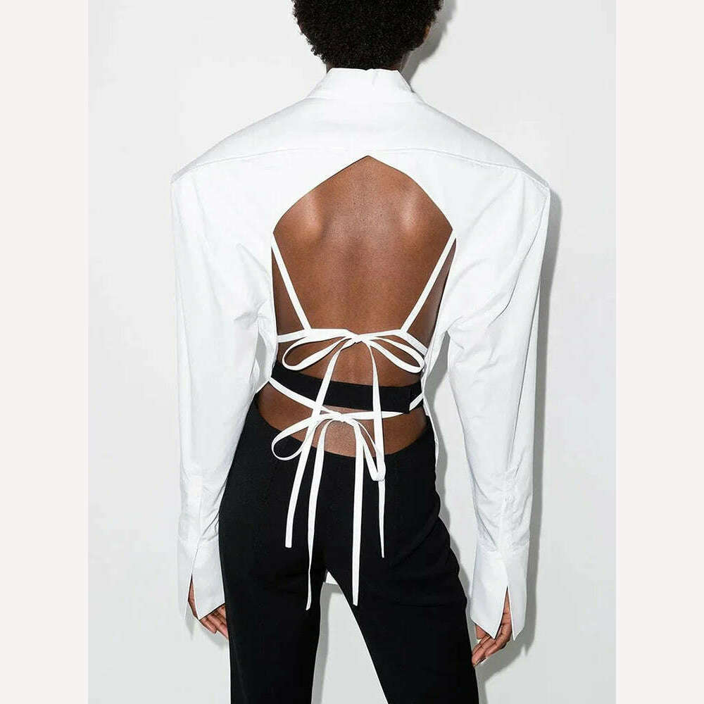 KIMLUD, VGH Backless Sexy White Shirt For Women Lapel Long Sleeve Solid Bandage High Street Solid Minimalist Blouses Female 2022 Clothes, KIMLUD Womens Clothes