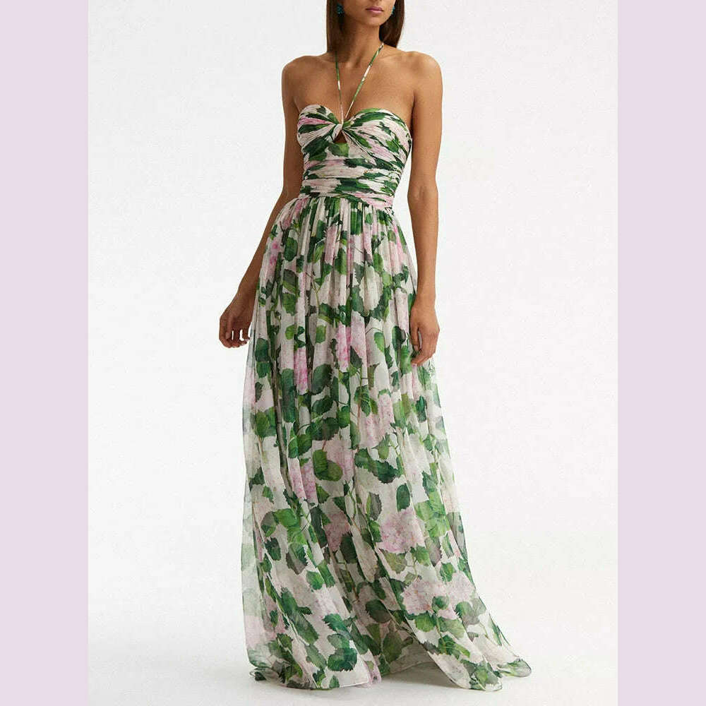 KIMLUD, VGH Casual Long Dress For Women Halter Sleeveless High Waist Hit Color Patchwork Print Slim Dresses Female Summer Clothing Style, KIMLUD Womens Clothes