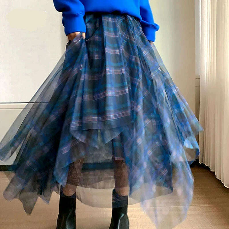 KIMLUD, VGH Casual Plaid Patchwork Mesh Women's Skirts High Waist Hit Color Elegant A Line Skirt For Female 2020 Spring Fashion Clothing, KIMLUD Womens Clothes