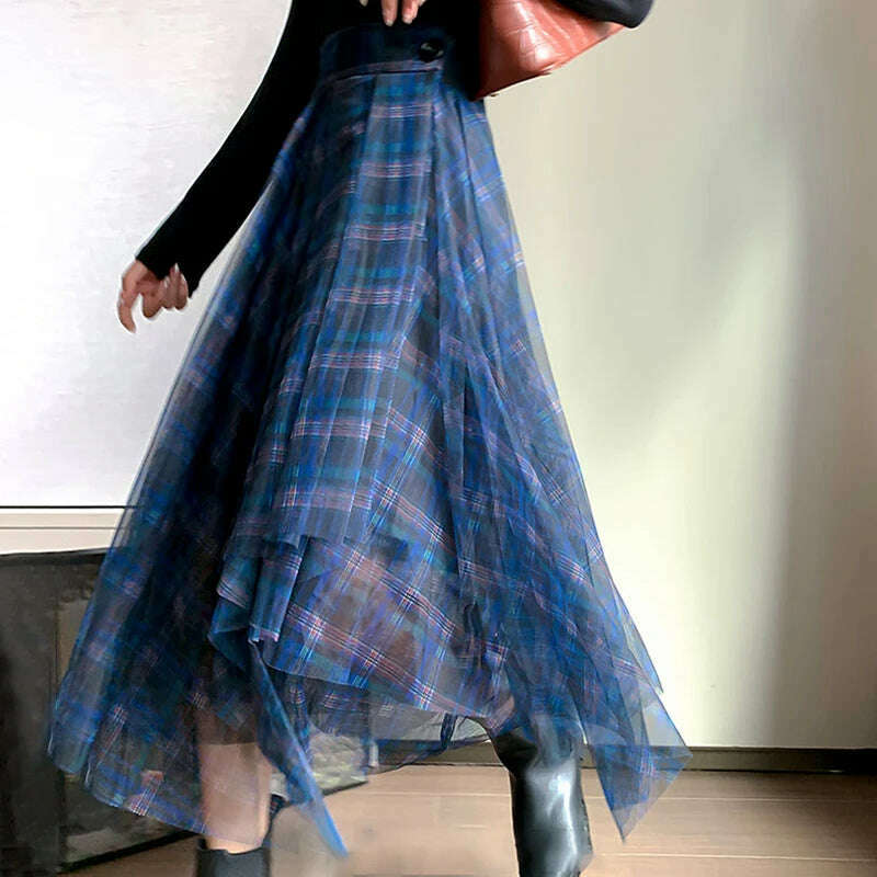 KIMLUD, VGH Casual Plaid Patchwork Mesh Women's Skirts High Waist Hit Color Elegant A Line Skirt For Female 2020 Spring Fashion Clothing, KIMLUD Womens Clothes