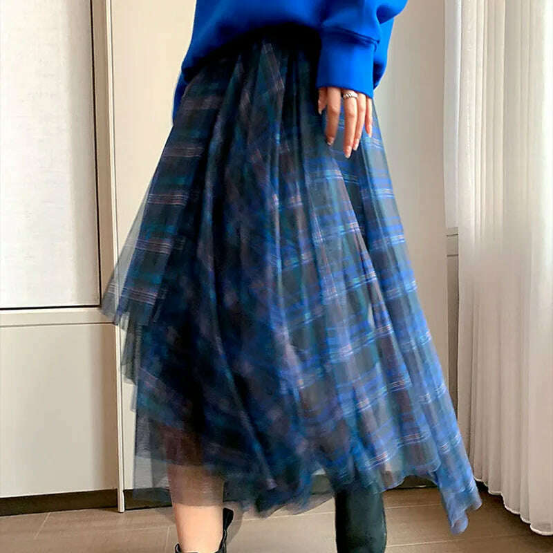 KIMLUD, VGH Casual Plaid Patchwork Mesh Women's Skirts High Waist Hit Color Elegant A Line Skirt For Female 2020 Spring Fashion Clothing, KIMLUD Womens Clothes