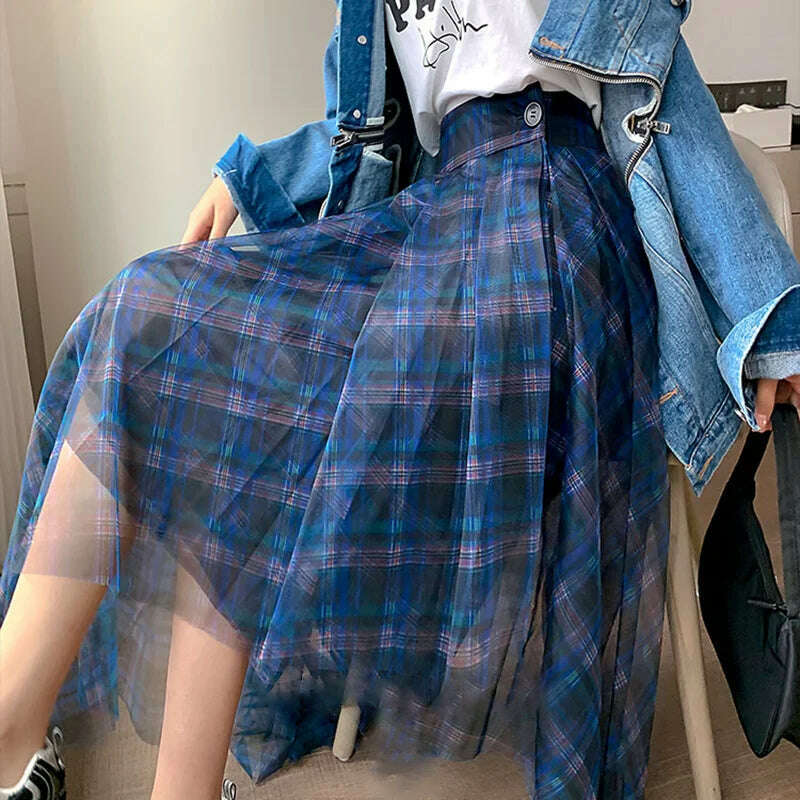 KIMLUD, VGH Casual Plaid Patchwork Mesh Women's Skirts High Waist Hit Color Elegant A Line Skirt For Female 2020 Spring Fashion Clothing, KIMLUD Womens Clothes