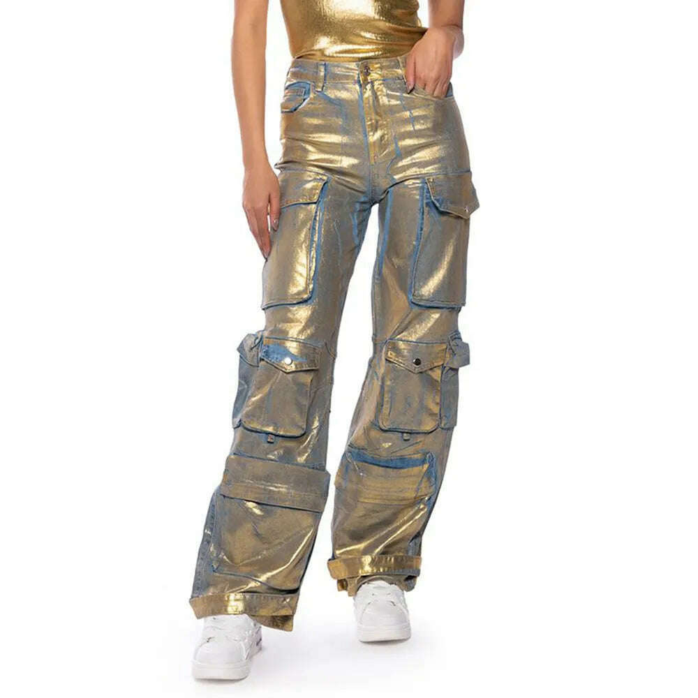 KIMLUD, VGH Casual Printing Patchwork Zipper Jeans For Women High Waist Spliced Pockets Hit Color Loose Cargo Pants Female Fashion New, BLUE / M, KIMLUD APPAREL - Womens Clothes