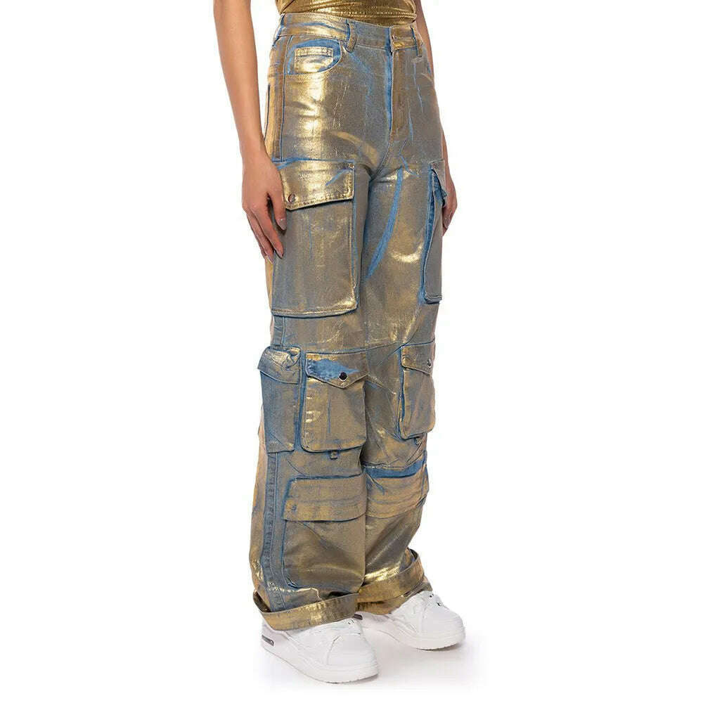 KIMLUD, VGH Casual Printing Patchwork Zipper Jeans For Women High Waist Spliced Pockets Hit Color Loose Cargo Pants Female Fashion New, KIMLUD Womens Clothes