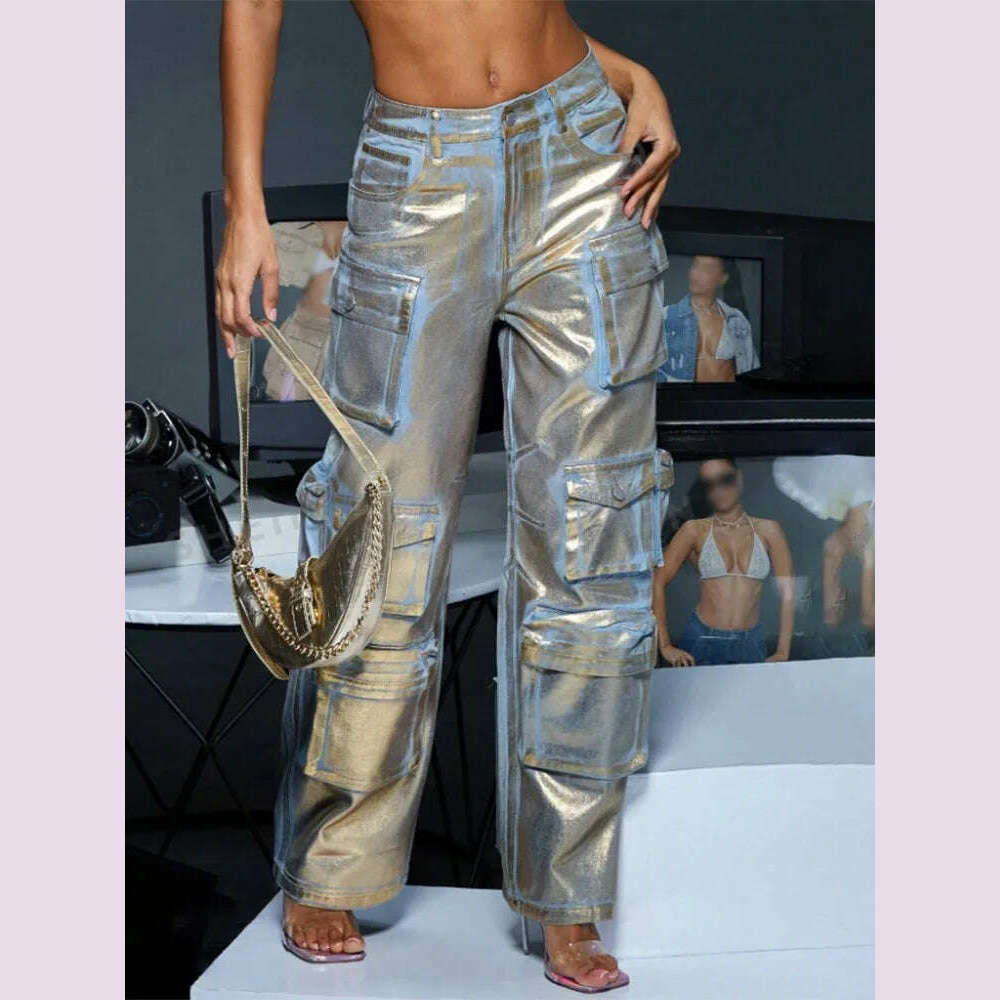 KIMLUD, VGH Casual Printing Patchwork Zipper Jeans For Women High Waist Spliced Pockets Hit Color Loose Cargo Pants Female Fashion New, KIMLUD Womens Clothes