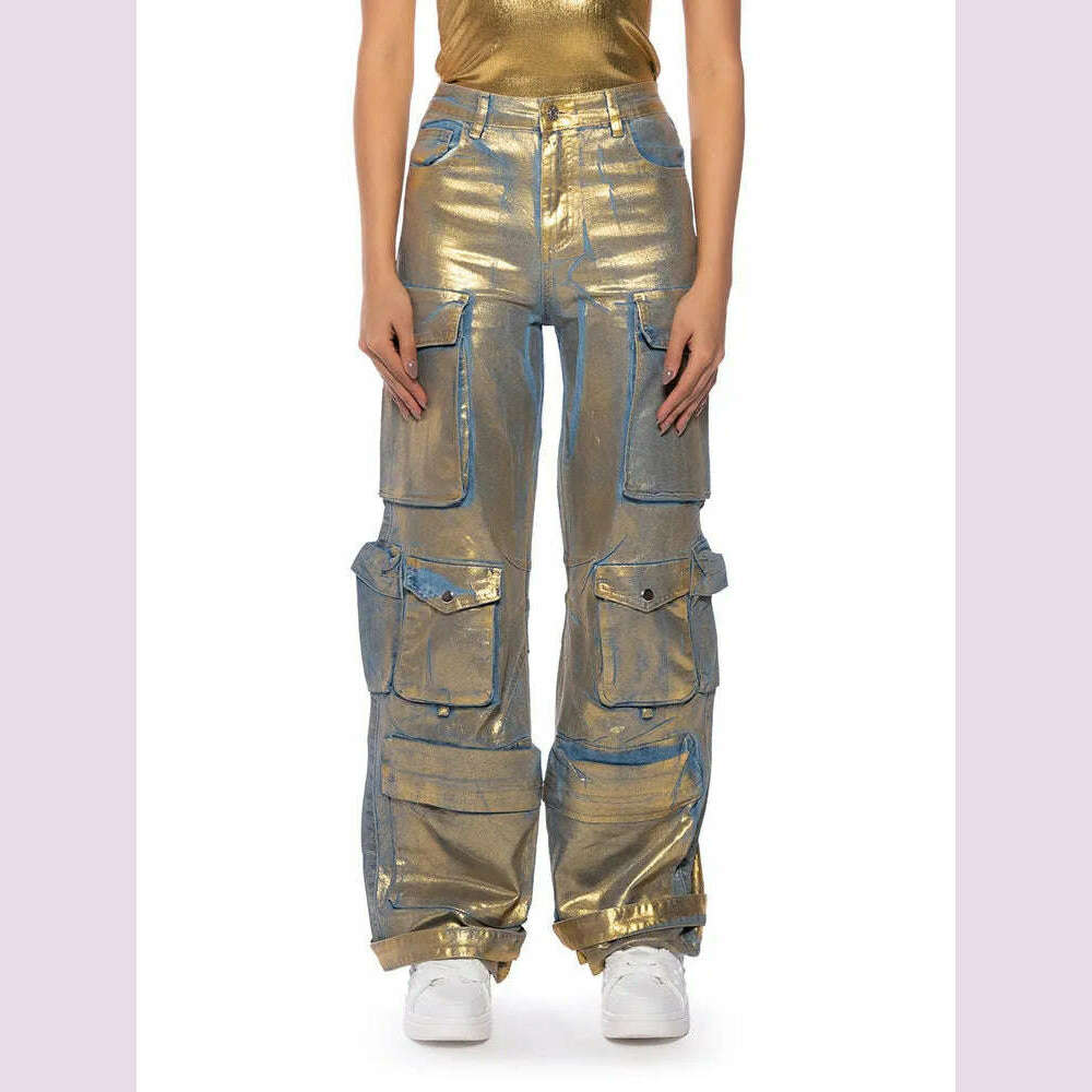 KIMLUD, VGH Casual Printing Patchwork Zipper Jeans For Women High Waist Spliced Pockets Hit Color Loose Cargo Pants Female Fashion New, KIMLUD Womens Clothes