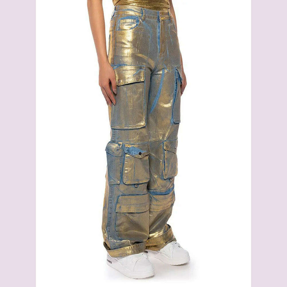 KIMLUD, VGH Casual Printing Patchwork Zipper Jeans For Women High Waist Spliced Pockets Hit Color Loose Cargo Pants Female Fashion New, KIMLUD Womens Clothes