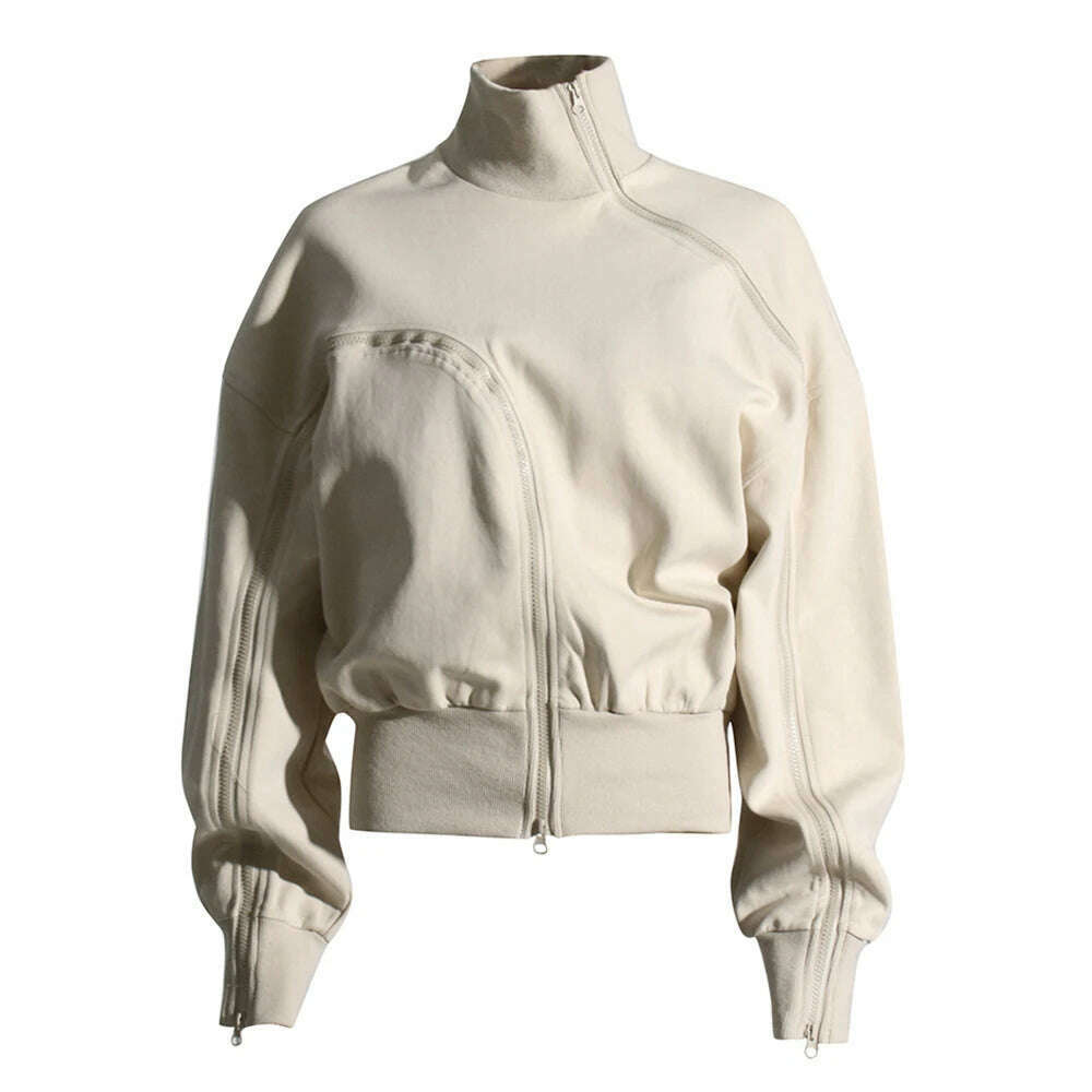 KIMLUD, VGH Casual Solid Sweatshirts For Women Turtleneck Long Sleeve Patchwork Zipper Irregular Loose Sweatshirt Female Fashion Style, APRICOT / S, KIMLUD APPAREL - Womens Clothes