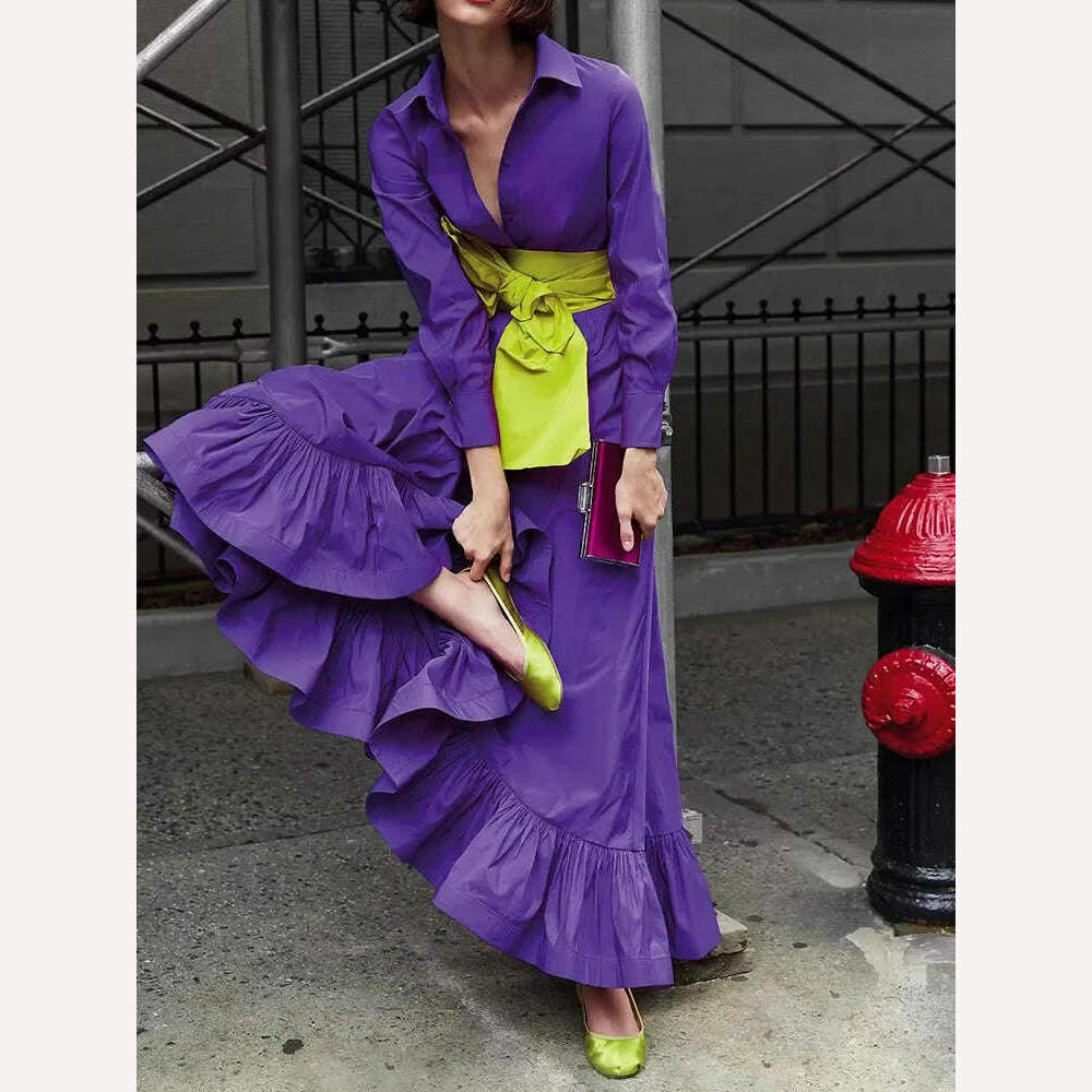 KIMLUD, VGH Colorblock Elegant Dresses For Women Lapel Long Sleeve High Waist Patchwork Bowknot Temperament Dress Female Fashion Style, PURPLE / L, KIMLUD APPAREL - Womens Clothes