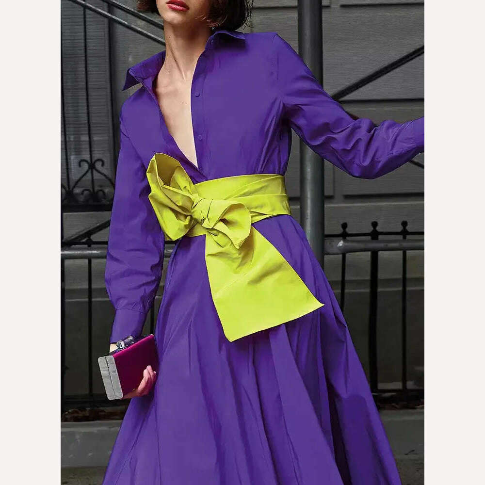 KIMLUD, VGH Colorblock Elegant Dresses For Women Lapel Long Sleeve High Waist Patchwork Bowknot Temperament Dress Female Fashion Style, KIMLUD Womens Clothes