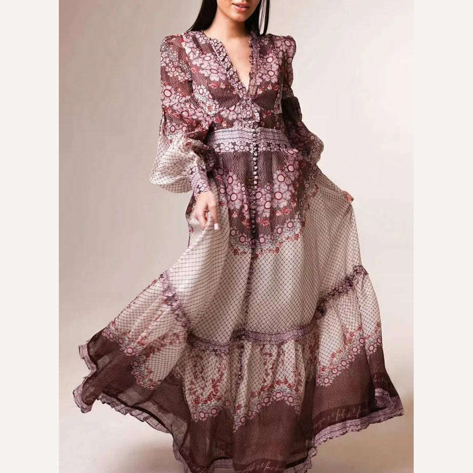 KIMLUD, VGH Colorblock Patchwork Mesh Plaid Dresses For Women Deep V Neck Lantern Sleeve High Waist Elegant Long Dress Female Style 2023, KIMLUD Womens Clothes