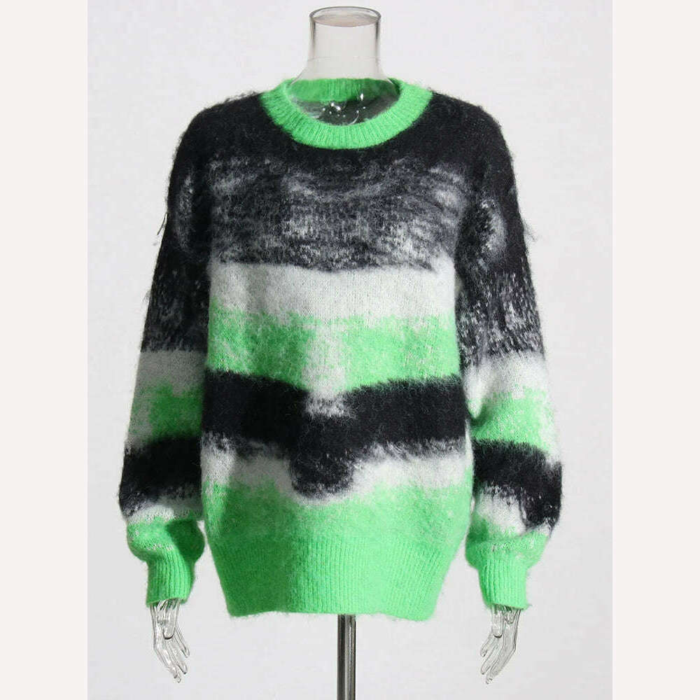 VGH Colorblock Striped Casual Knitting Sweaters For Women Round Neck Long Sleeve Minimalist Loose Pullover Sweater Female New, KIMLUD Women's Clothes