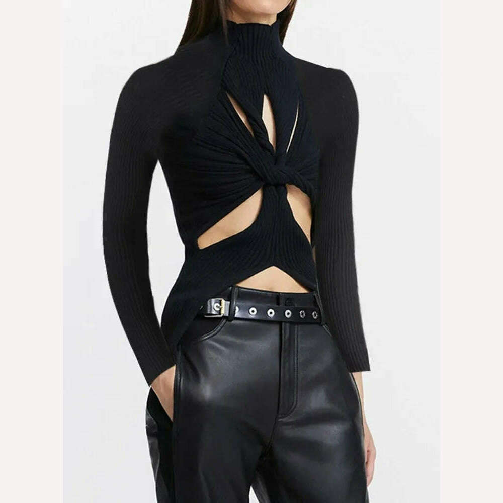 VGH Crisscross Hollow Out Knitting Sweaters For Women Stand Collar Long Sleeve Slimming Casual Temperament Sweater Female 2023 - KIMLUD