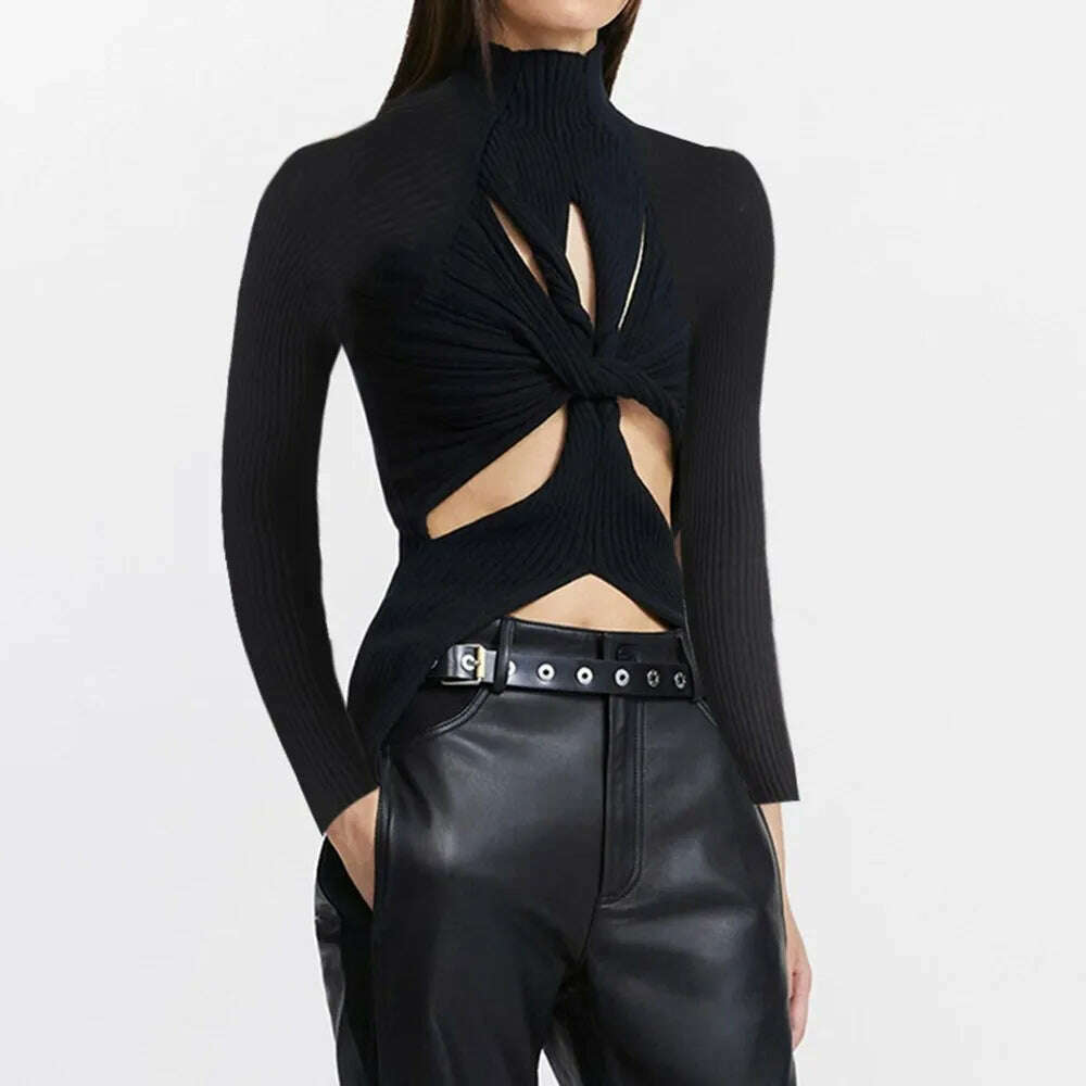 VGH Crisscross Hollow Out Knitting Sweaters For Women Stand Collar Long Sleeve Slimming Casual Temperament Sweater Female 2023 - KIMLUD