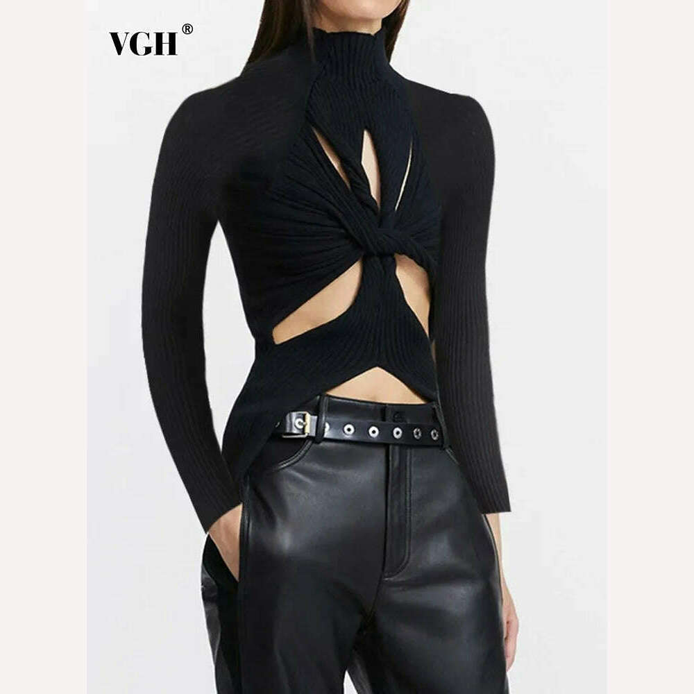 VGH Crisscross Hollow Out Knitting Sweaters For Women Stand Collar Long Sleeve Slimming Casual Temperament Sweater Female 2023 - KIMLUD