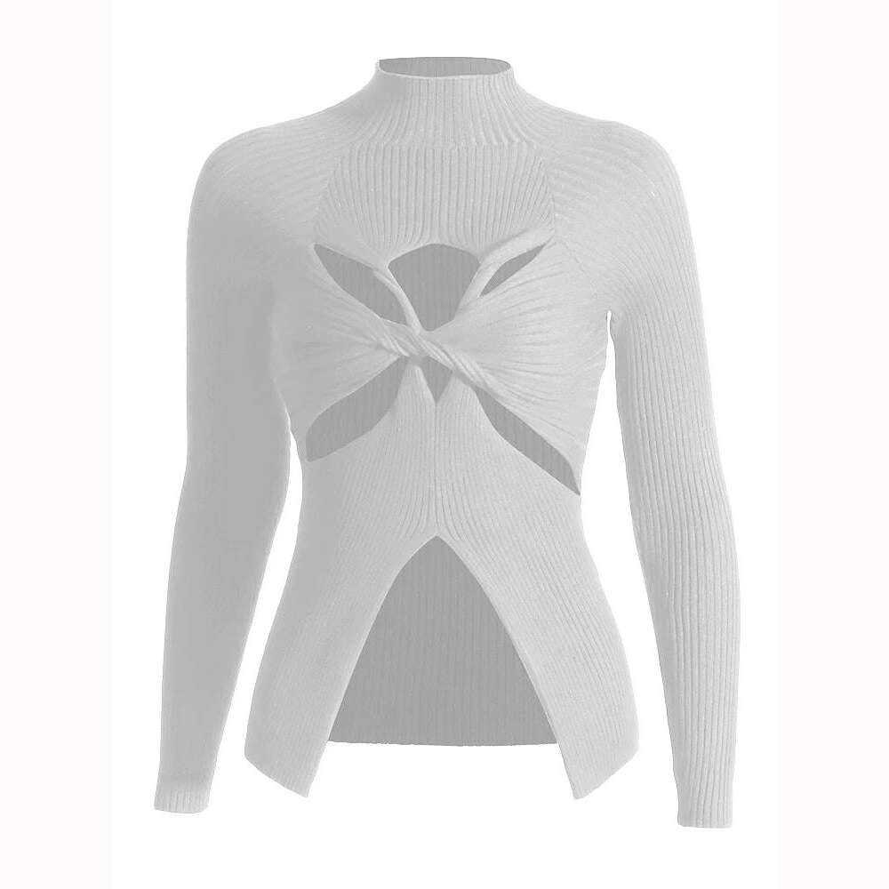 VGH Crisscross Hollow Out Knitting Sweaters For Women Stand Collar Long Sleeve Slimming Casual Temperament Sweater Female 2023 - KIMLUD