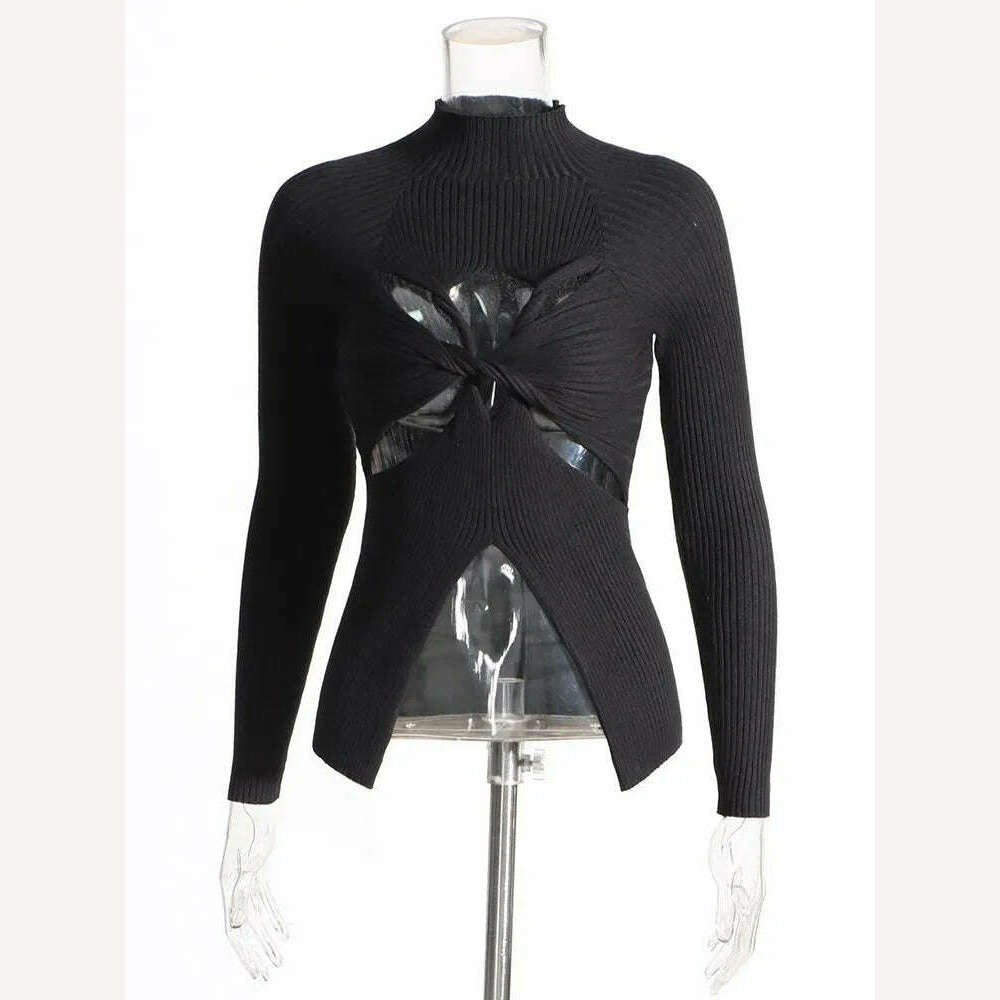 VGH Crisscross Hollow Out Knitting Sweaters For Women Stand Collar Long Sleeve Slimming Casual Temperament Sweater Female 2023 - KIMLUD