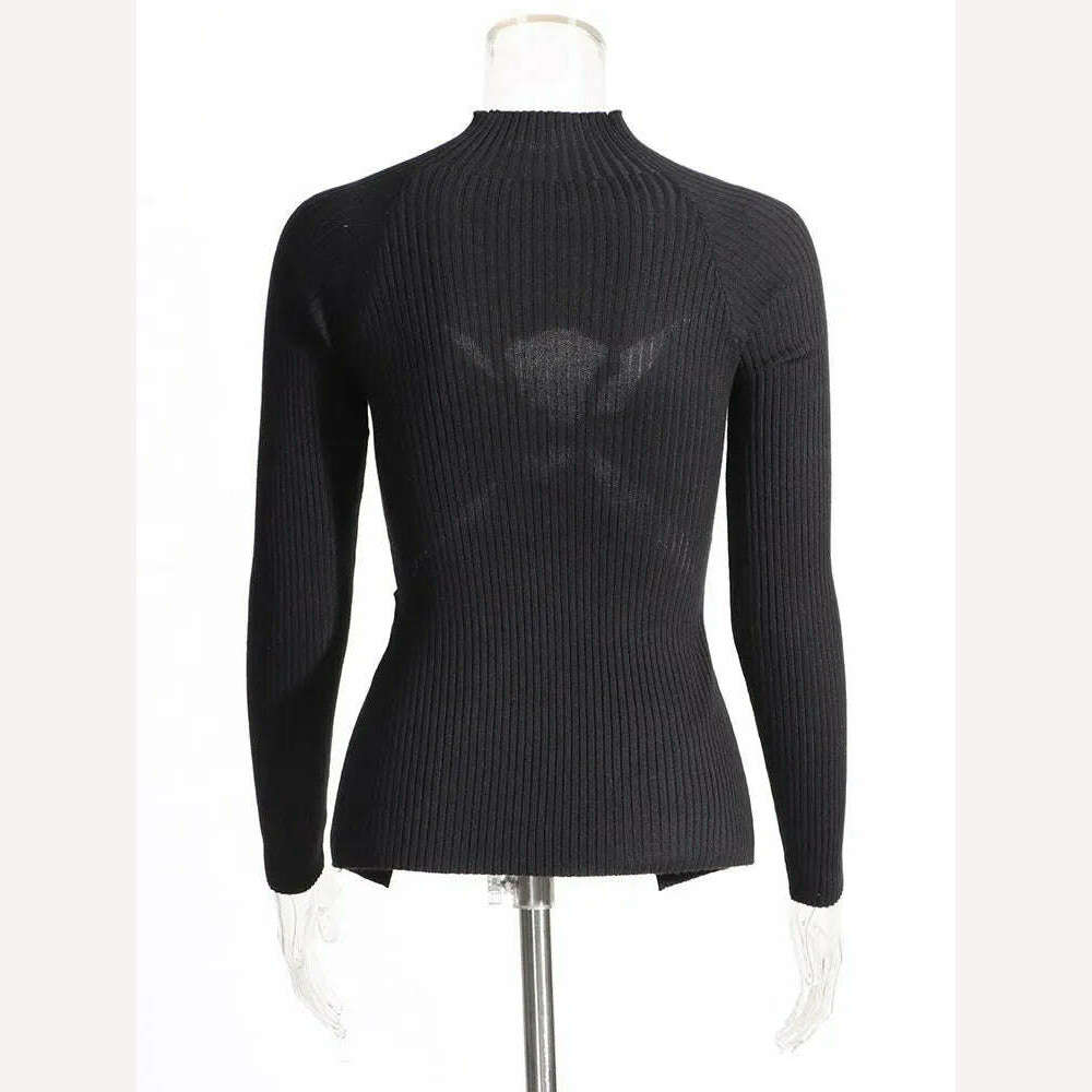 VGH Crisscross Hollow Out Knitting Sweaters For Women Stand Collar Long Sleeve Slimming Casual Temperament Sweater Female 2023 - KIMLUD