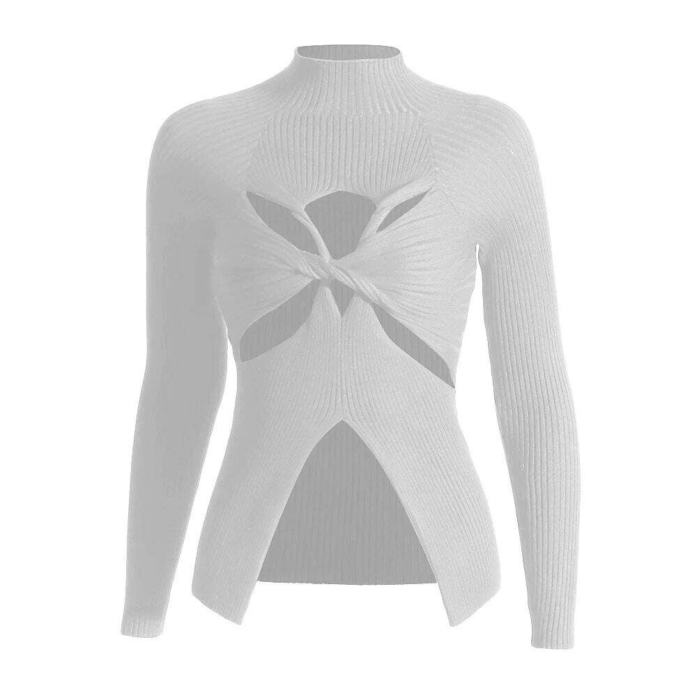 VGH Crisscross Hollow Out Knitting Sweaters For Women Stand Collar Long Sleeve Slimming Casual Temperament Sweater Female 2023 - KIMLUD