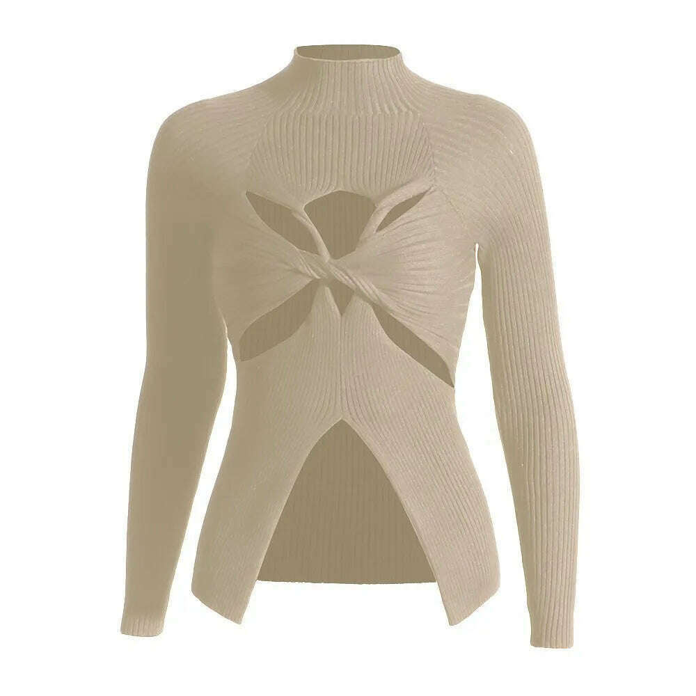 KIMLUD, VGH Crisscross Hollow Out Knitting Sweaters For Women Stand Collar Long Sleeve Slimming Casual Temperament Sweater Female 2023, KHAKI / S, KIMLUD Womens Clothes
