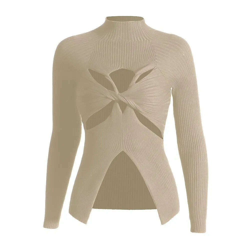 VGH Crisscross Hollow Out Knitting Sweaters For Women Stand Collar Long Sleeve Slimming Casual Temperament Sweater Female 2023 - KIMLUD