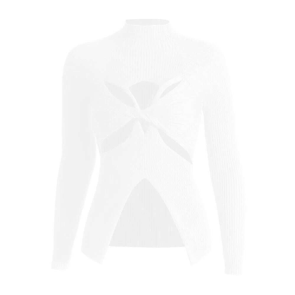 KIMLUD, VGH Crisscross Hollow Out Knitting Sweaters For Women Stand Collar Long Sleeve Slimming Casual Temperament Sweater Female 2023, WHITE / S, KIMLUD Womens Clothes