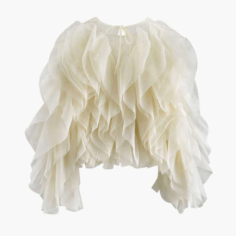 VGH Elegant Patchwork Ruffle Chiffon Blouses Women O Neck Lantern Long Sleeve Loose Shirt Female Clothes Fashion Summer 2022 New - KIMLUD