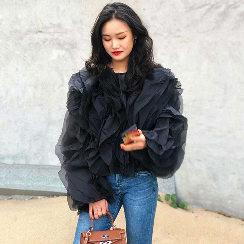 VGH Elegant Patchwork Ruffle Chiffon Blouses Women O Neck Lantern Long Sleeve Loose Shirt Female Clothes Fashion Summer 2022 New - KIMLUD