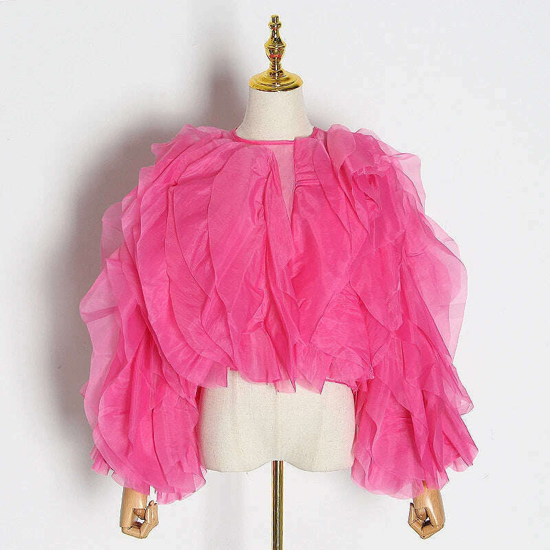 VGH Elegant Patchwork Ruffle Chiffon Blouses Women O Neck Lantern Long Sleeve Loose Shirt Female Clothes Fashion Summer 2022 New - KIMLUD