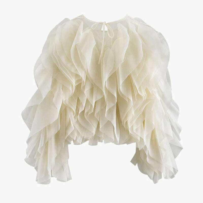 VGH Elegant Patchwork Ruffle Chiffon Blouses Women O Neck Lantern Long Sleeve Loose Shirt Female Clothes Fashion Summer 2022 New - KIMLUD
