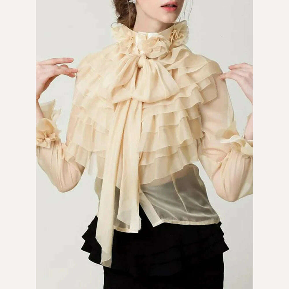 KIMLUD, VGH Elegant Perspective Shirts Female Bowknot Flare Long Sleeve Ruffles Shirt Blouse For Women Fashion Clothes 2023 Style New, KIMLUD Womens Clothes