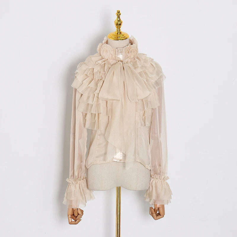 KIMLUD, VGH Elegant Perspective Shirts Female Bowknot Flare Long Sleeve Ruffles Shirt Blouse For Women Fashion Clothes 2023 Style New, apricot / S, KIMLUD APPAREL - Womens Clothes