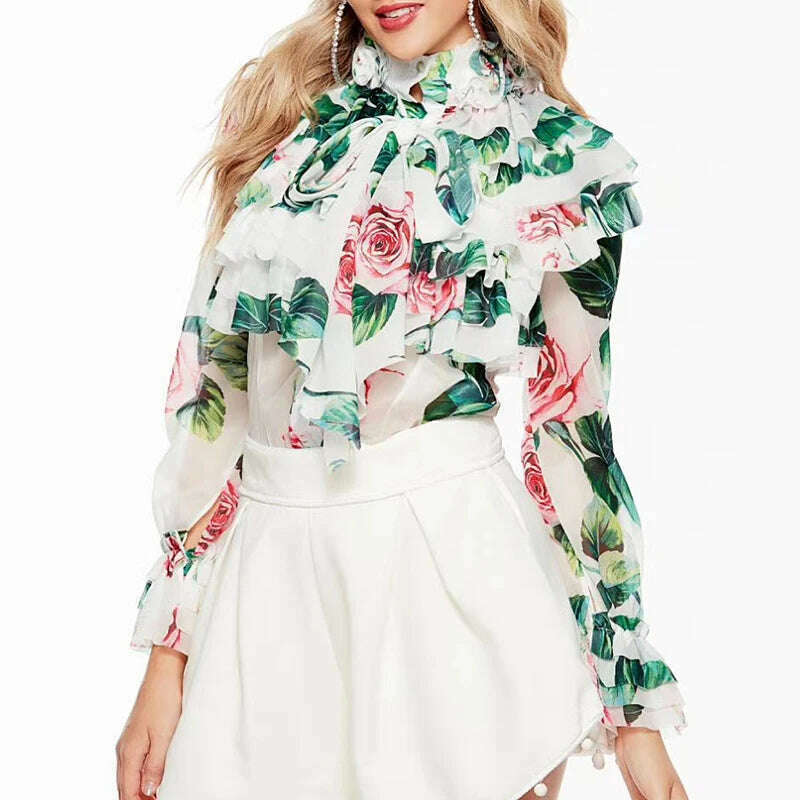 KIMLUD, VGH Elegant Perspective Shirts Female Bowknot Flare Long Sleeve Ruffles Shirt Blouse For Women Fashion Clothes 2023 Style New, print3 / S, KIMLUD APPAREL - Womens Clothes