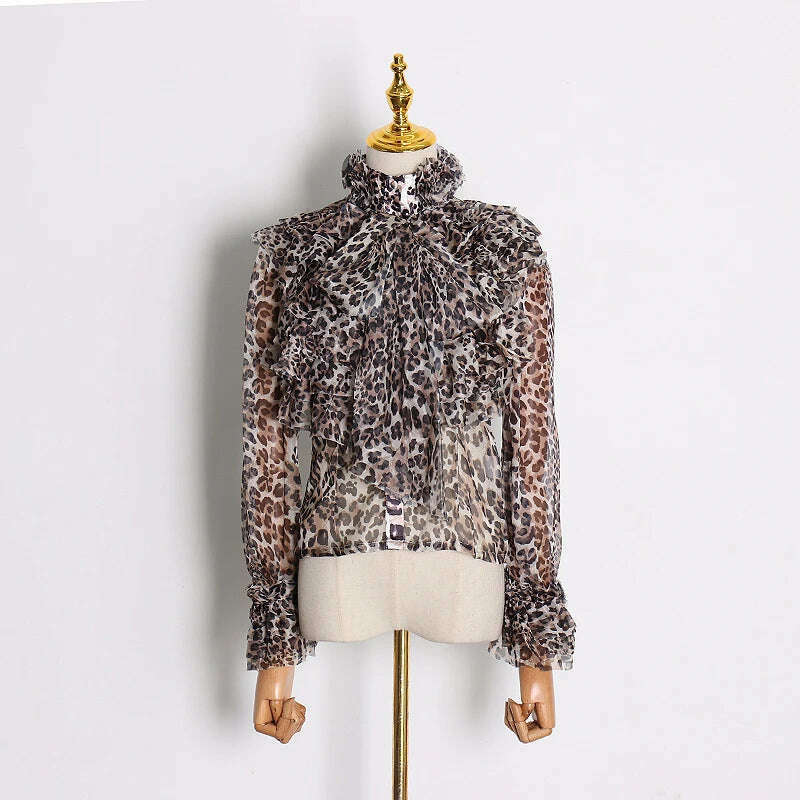 KIMLUD, VGH Elegant Perspective Shirts Female Bowknot Flare Long Sleeve Ruffles Shirt Blouse For Women Fashion Clothes 2023 Style New, leopard / S, KIMLUD APPAREL - Womens Clothes