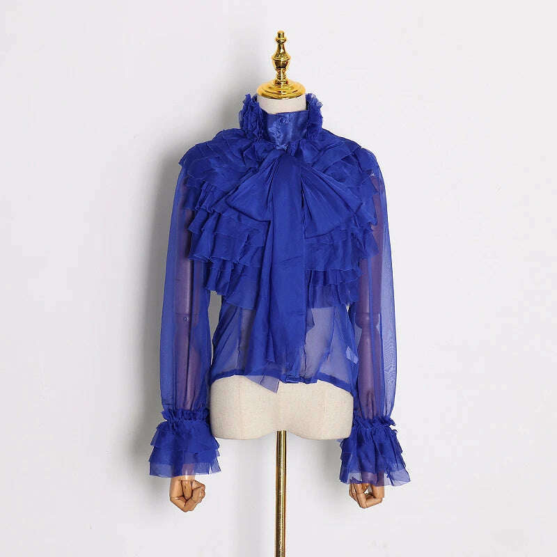 KIMLUD, VGH Elegant Perspective Shirts Female Bowknot Flare Long Sleeve Ruffles Shirt Blouse For Women Fashion Clothes 2023 Style New, blue / S, KIMLUD APPAREL - Womens Clothes