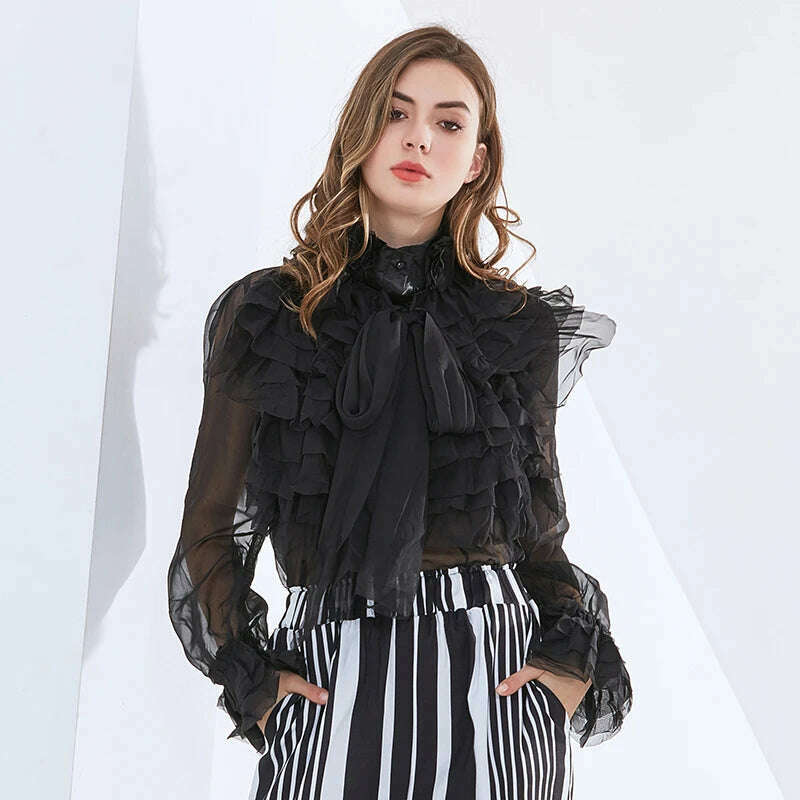 KIMLUD, VGH Elegant Perspective Shirts Female Bowknot Flare Long Sleeve Ruffles Shirt Blouse For Women Fashion Clothes 2023 Style New, black / S, KIMLUD APPAREL - Womens Clothes