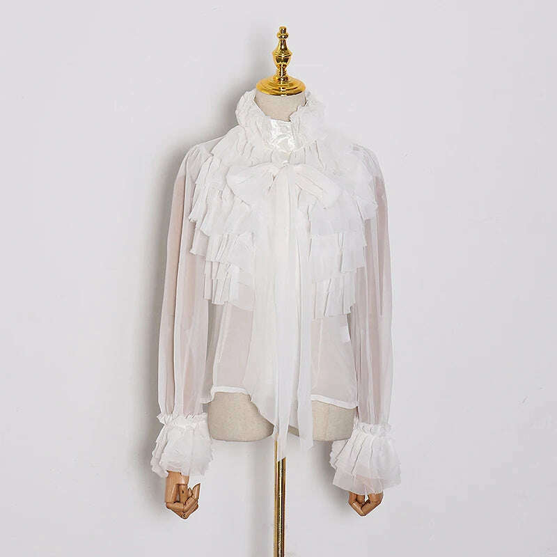 KIMLUD, VGH Elegant Perspective Shirts Female Bowknot Flare Long Sleeve Ruffles Shirt Blouse For Women Fashion Clothes 2023 Style New, white / S, KIMLUD APPAREL - Womens Clothes