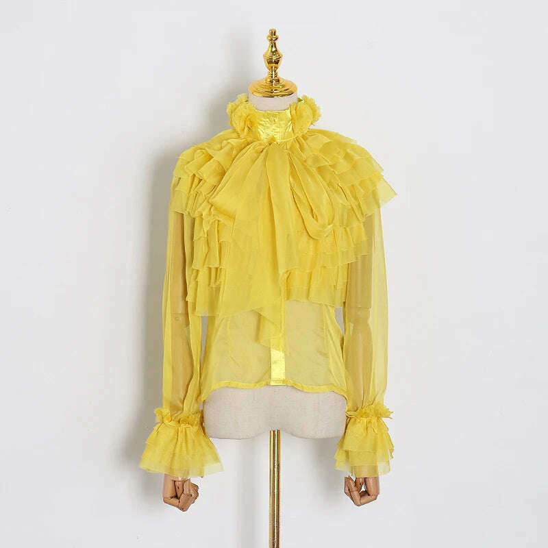 KIMLUD, VGH Elegant Perspective Shirts Female Bowknot Flare Long Sleeve Ruffles Shirt Blouse For Women Fashion Clothes 2023 Style New, yellow / S, KIMLUD APPAREL - Womens Clothes