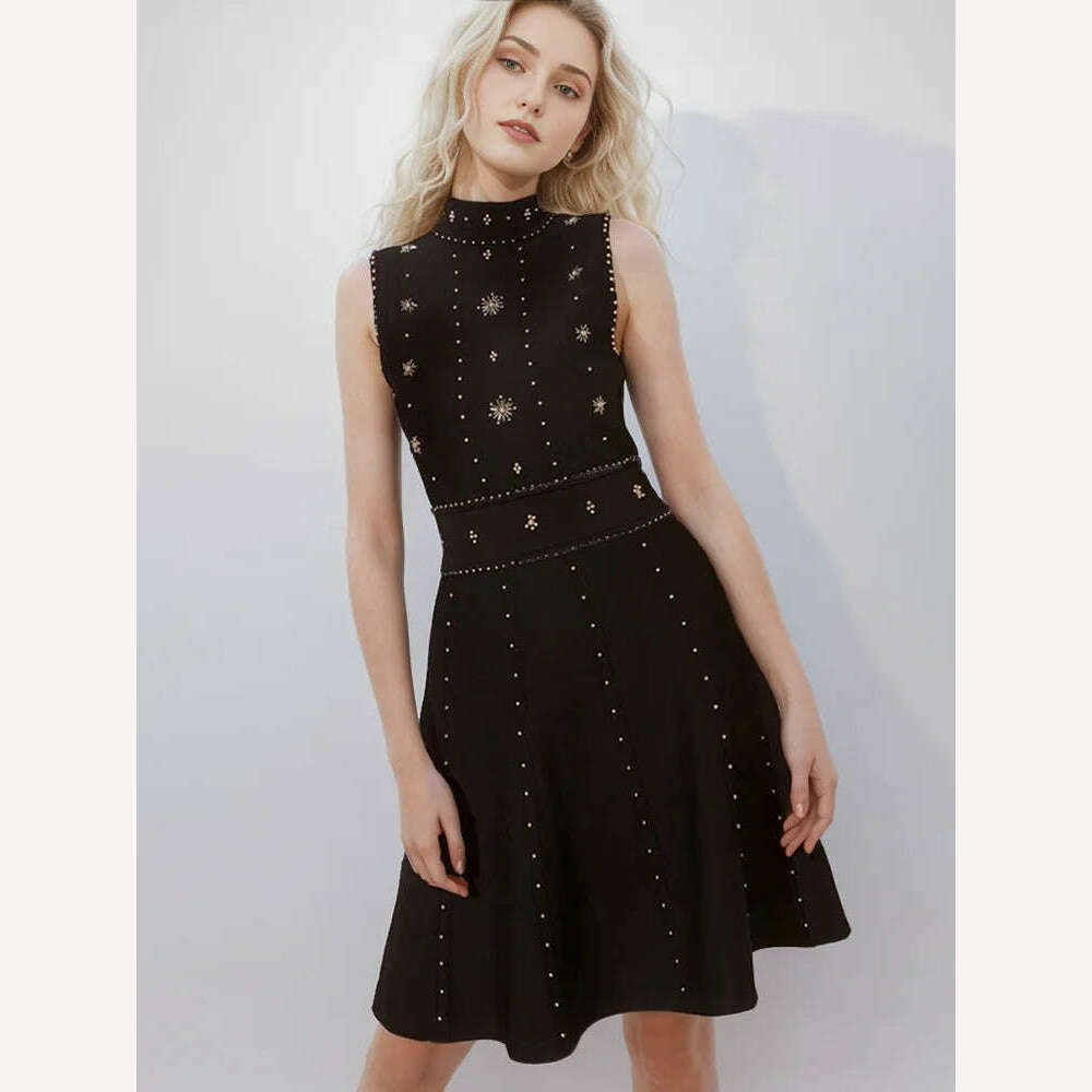 KIMLUD, VGH Elegant Solid Spliced Embroidered Flares Dresses For Women Round Neck Sleeveless High Waist Mini Dress Female Fashion Style, BLACK / XS, KIMLUD APPAREL - Womens Clothes